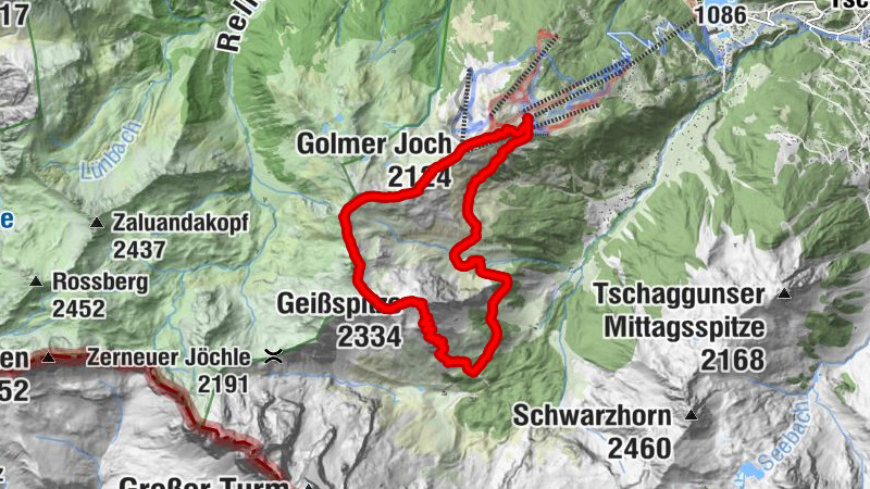 Golmerbahn Bergstaion Grüneck - Golmer Höhenweg - Geißspitze - Lindauer Hütte - Latschau