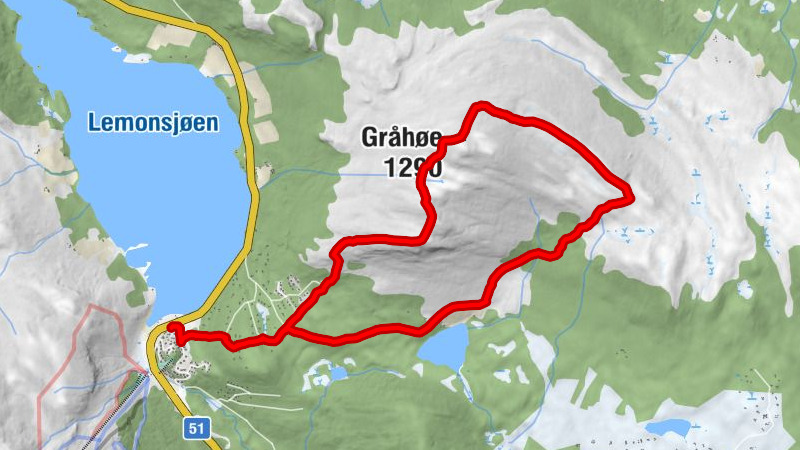 Lemonsjø - Lemonsjøen Fjellstue og hyttegrend - Blæsterhaugen - Gråhøe