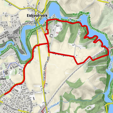 Sagmoen - Råholt - Venjarfossen - Eidsvoll verk