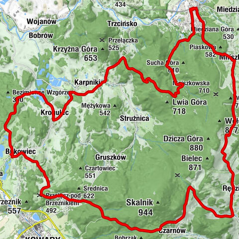 Janowice Wielkie - Kościół pw. Świętego Jana Chrzciciela - Przełęcz pod Brzeźnikiem - Przełęcz pod Bobrzakiem