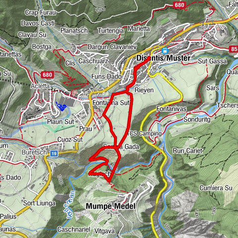 Von Disentis (Zentrum) über La Pendenta (Hängebrücke) zur Alte Brücke Vorderrhein - Rundweg (Disentis/Mustér, Graubünden/Schweiz)