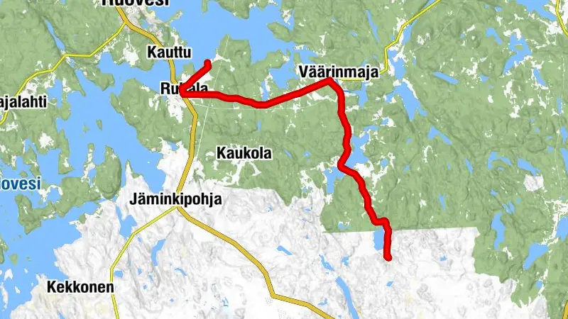 Route über Seen, Felder und Hügel, von VinsanVilla zu den Ferienhäusern Mäkelä, Linienroute, Ruovesi
