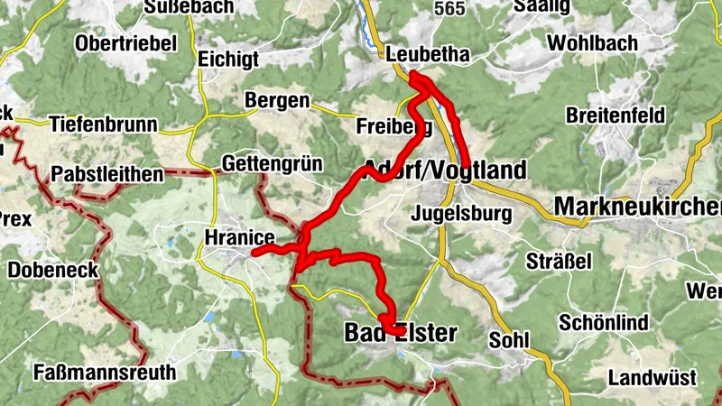 Adorf - Roßbacher Mockel (Bahntrasse) - Hranice - Bad Elster
