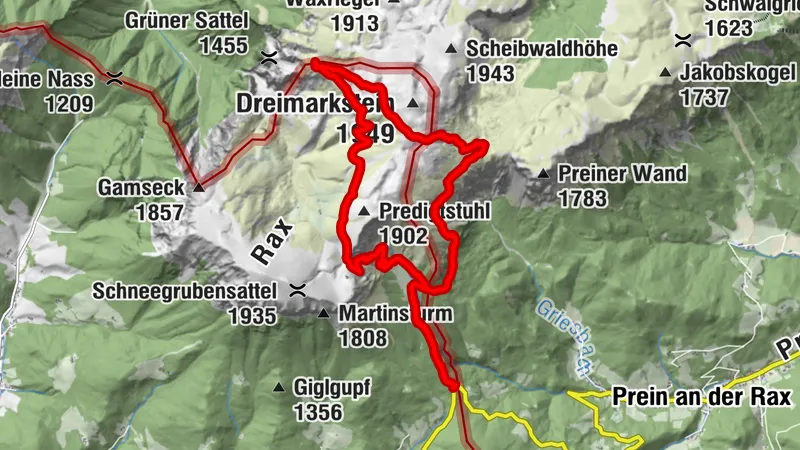 Rax: Preiner Gscheid - Neue Seehütte - Habsburger Haus - Karl Ludwig Haus - Preiner Gscheid